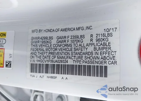 2018 Honda Accord Ex-L from USA, damaged, VIN 1HGCV1F59JA029324